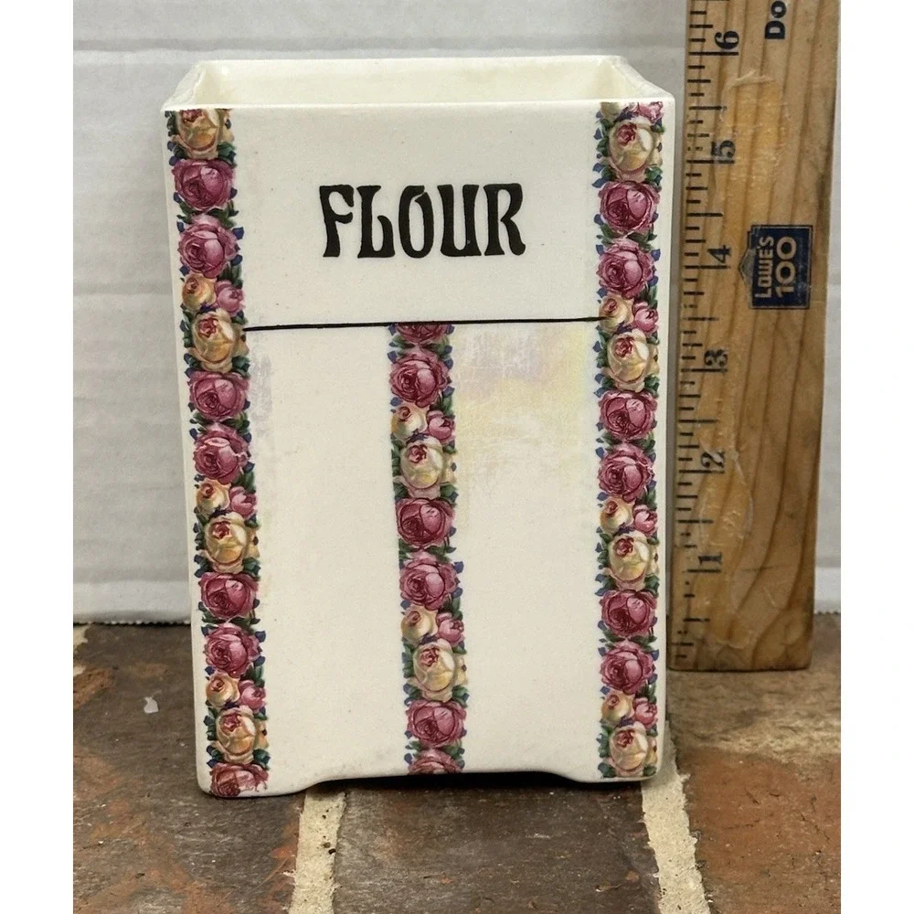 Vintage Porcelain Canister Flour Roses 20's-40's Cottagecore Farmhouse Country